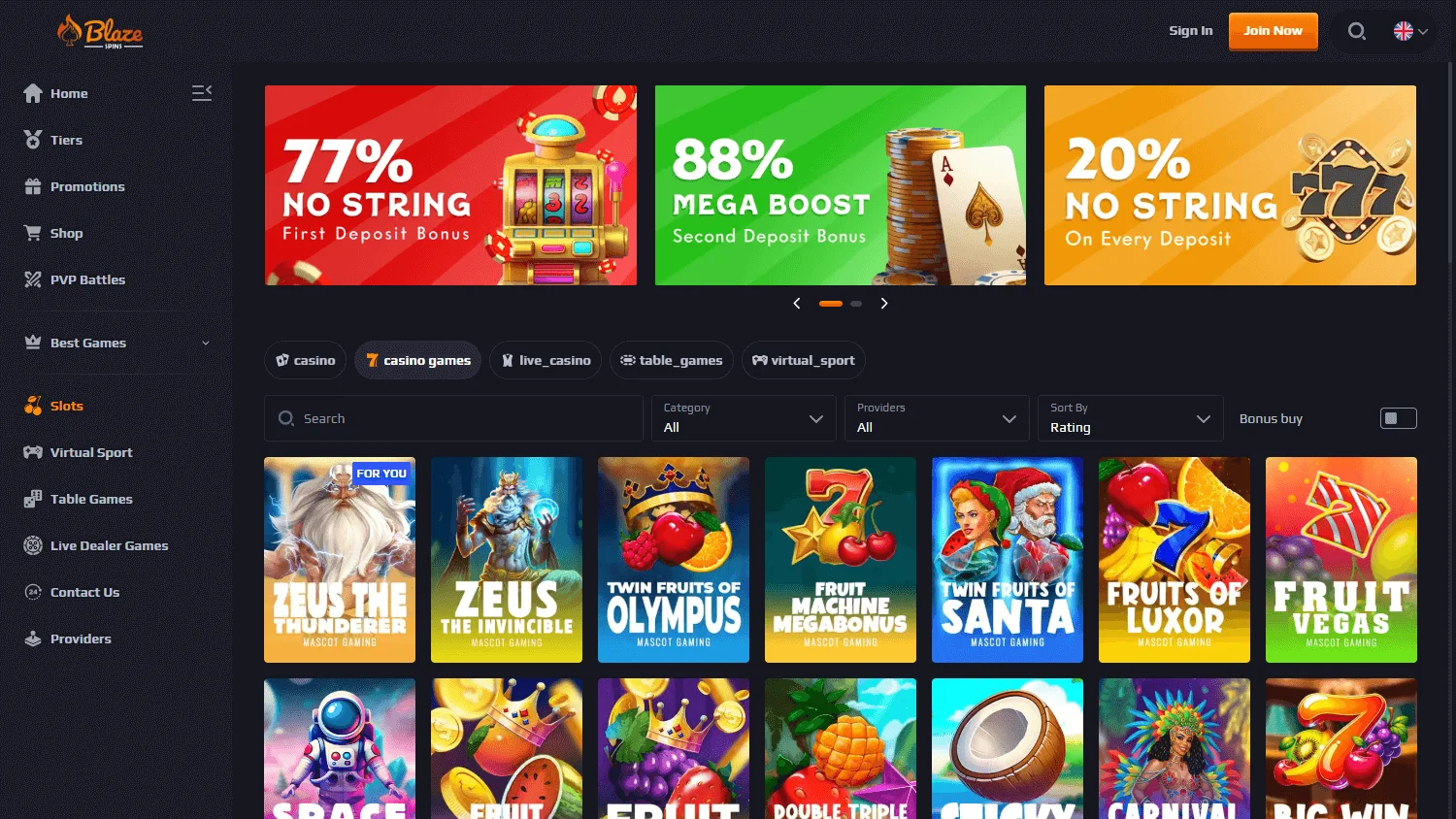 Blaze Spins Casino desktop game selection