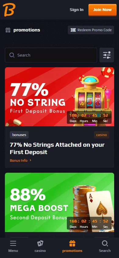 Blaze Spins Casino mobile promotions view