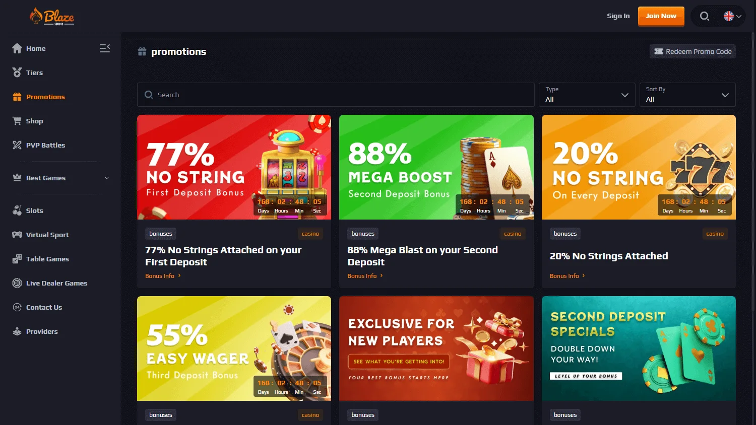 Blaze Spins Casino desktop promotions view