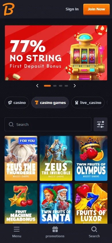Blaze Spins Casino mobile game selection