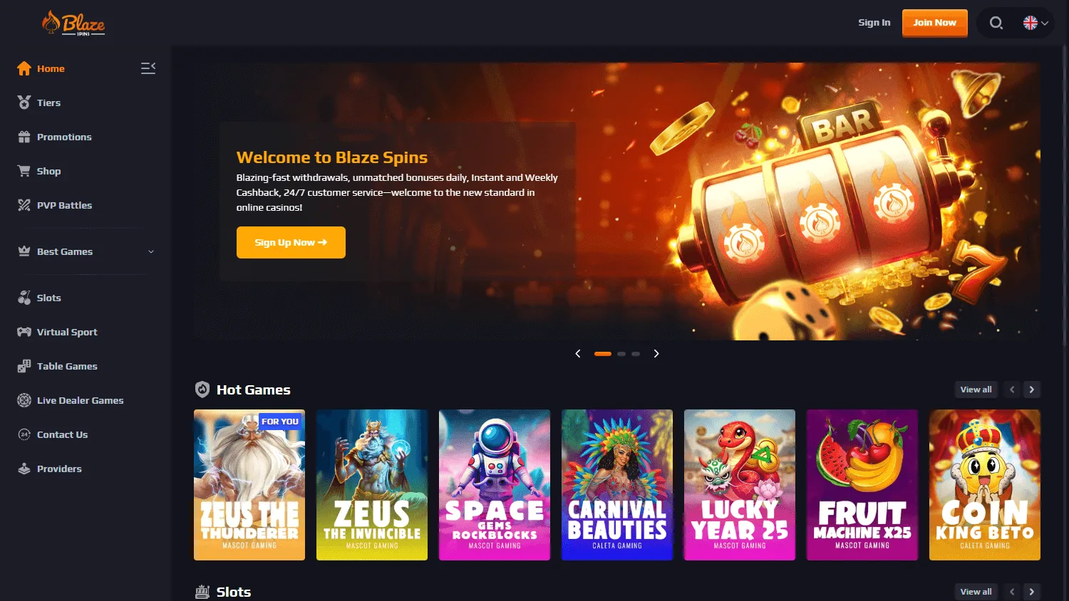 Blaze Spins Casino desktop home view